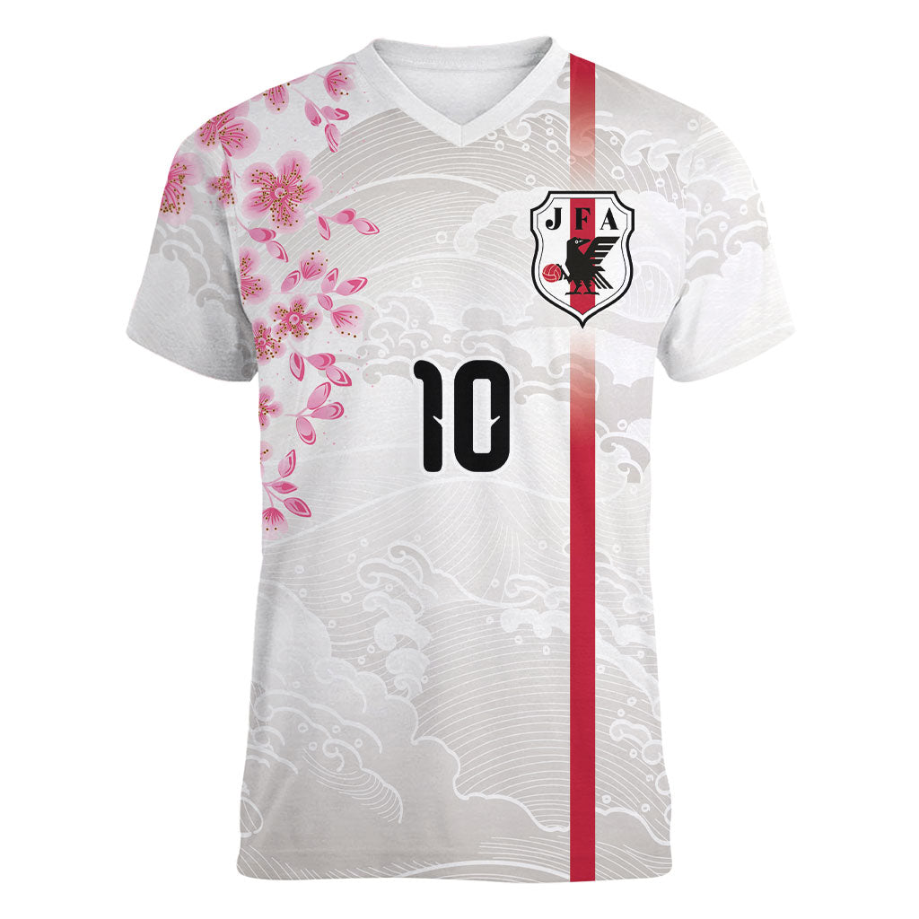 Custom Japan National Football Women V-Neck T-Shirt Cherry Blossom Sakura Wave Traditional Graphic Art