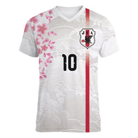 Custom Japan National Football Women V-Neck T-Shirt Cherry Blossom Sakura Wave Traditional Graphic Art