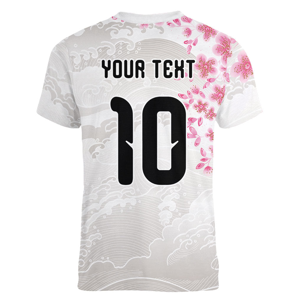 Custom Japan National Football Women V-Neck T-Shirt Cherry Blossom Sakura Wave Traditional Graphic Art