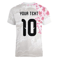 Custom Japan National Football Women V-Neck T-Shirt Cherry Blossom Sakura Wave Traditional Graphic Art