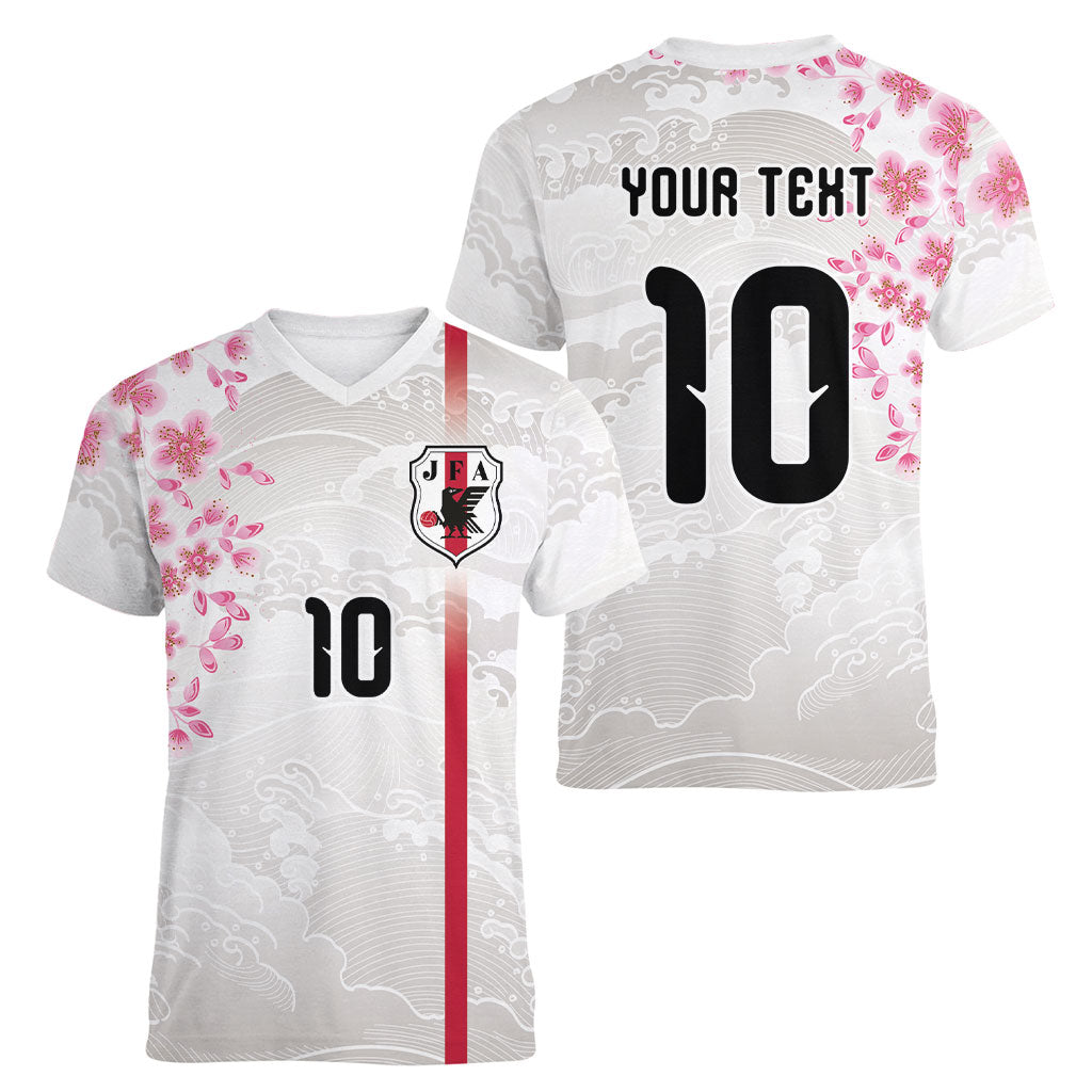 Custom Japan National Football Women V-Neck T-Shirt Cherry Blossom Sakura Wave Traditional Graphic Art