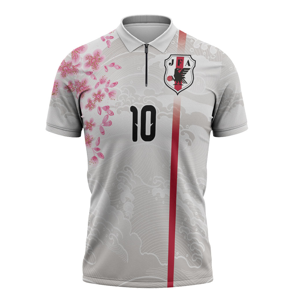 Custom Japan National Football Zipper Polo Shirt Cherry Blossom Sakura Wave Traditional Graphic Art