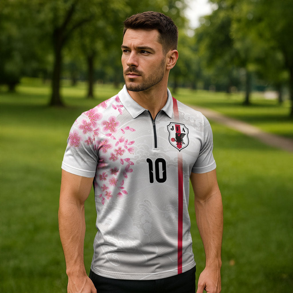 Custom Japan National Football Zipper Polo Shirt Cherry Blossom Sakura Wave Traditional Graphic Art