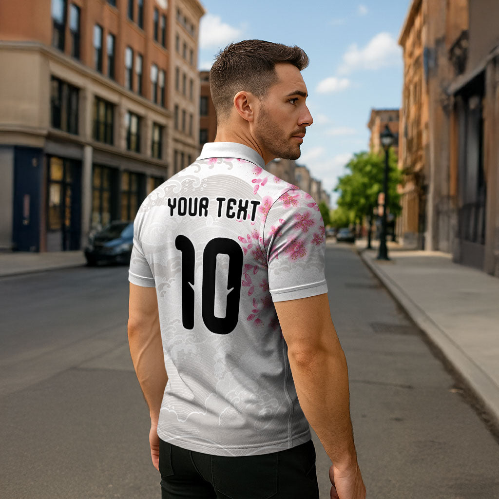 Custom Japan National Football Zipper Polo Shirt Cherry Blossom Sakura Wave Traditional Graphic Art