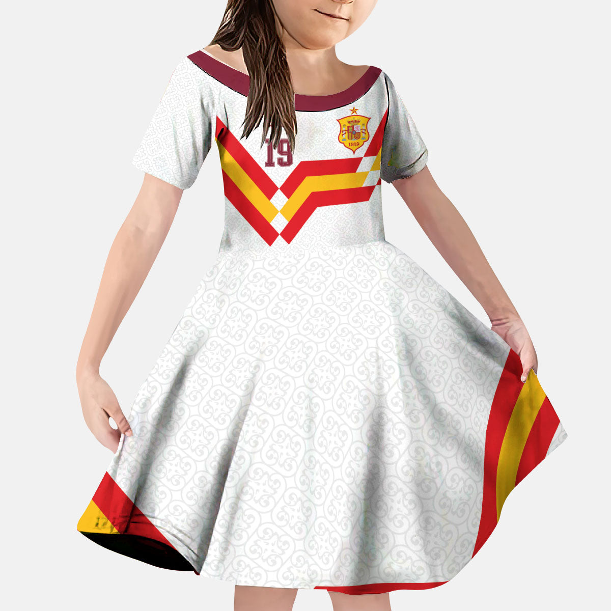 Custom Spain National Football Kid Short Sleeve Dress Geometric Flag Stripe Pattern Retro Graphic Concept