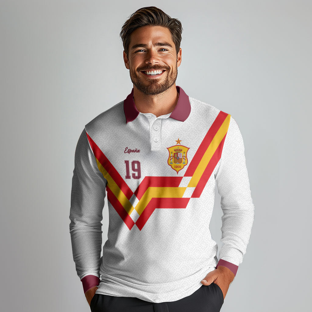 Custom Spain National Football Long Sleeve Polo Shirt Geometric Flag Stripe Pattern Retro Graphic Concept