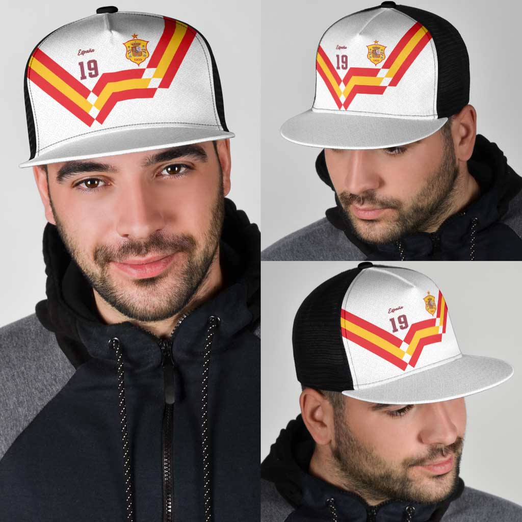 Custom Spain National Football Mesh Trucker Cap Geometric Flag Stripe Pattern Retro Graphic Concept
