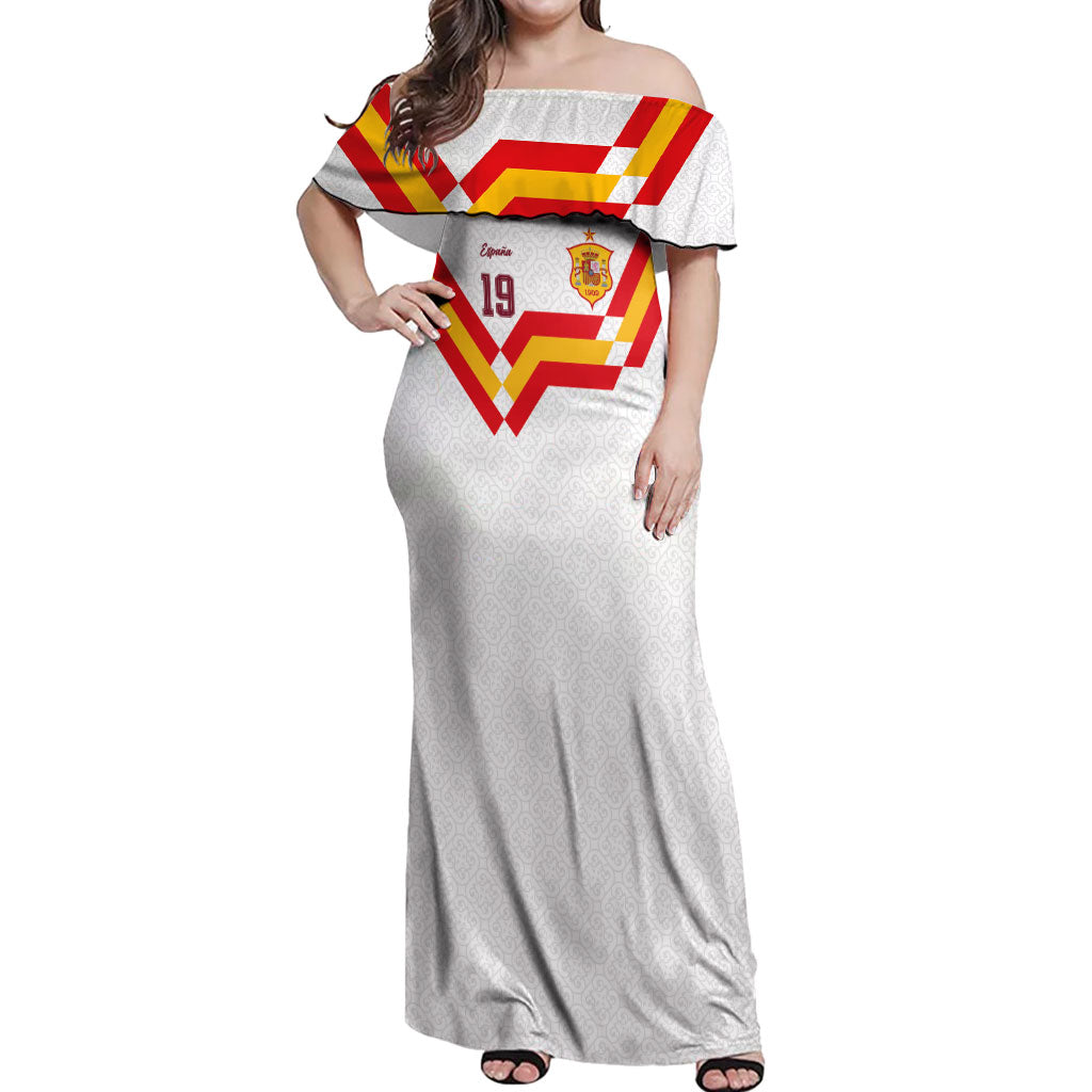 Custom Spain National Football Off Shoulder Maxi Dress Geometric Flag Stripe Pattern Retro Graphic Concept