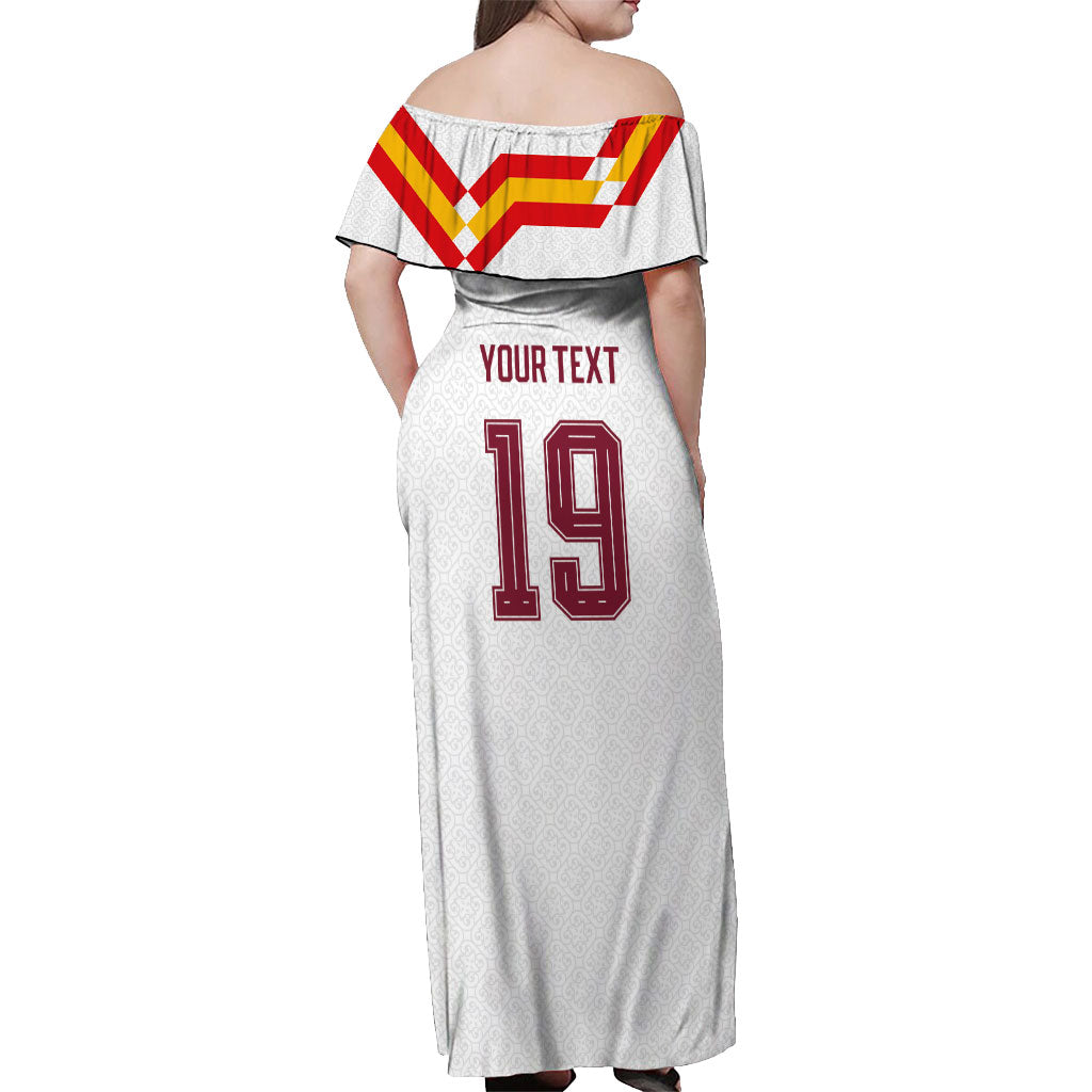 Custom Spain National Football Off Shoulder Maxi Dress Geometric Flag Stripe Pattern Retro Graphic Concept