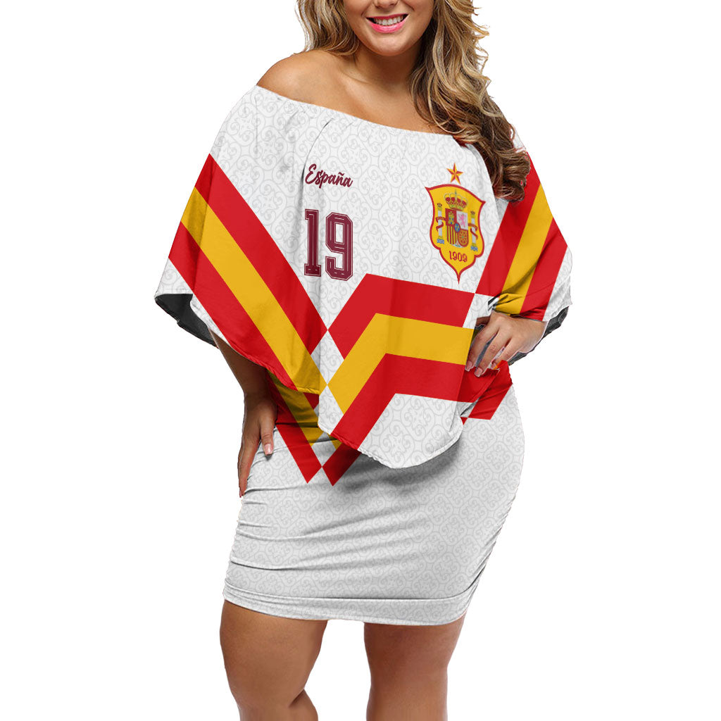 Custom Spain National Football Off Shoulder Short Dress Geometric Flag Stripe Pattern Retro Graphic Concept