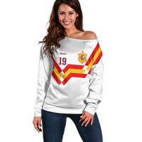 Custom Spain National Football Off Shoulder Sweater Geometric Flag Stripe Pattern Retro Graphic Concept