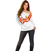 Custom Spain National Football Off Shoulder Sweater Geometric Flag Stripe Pattern Retro Graphic Concept