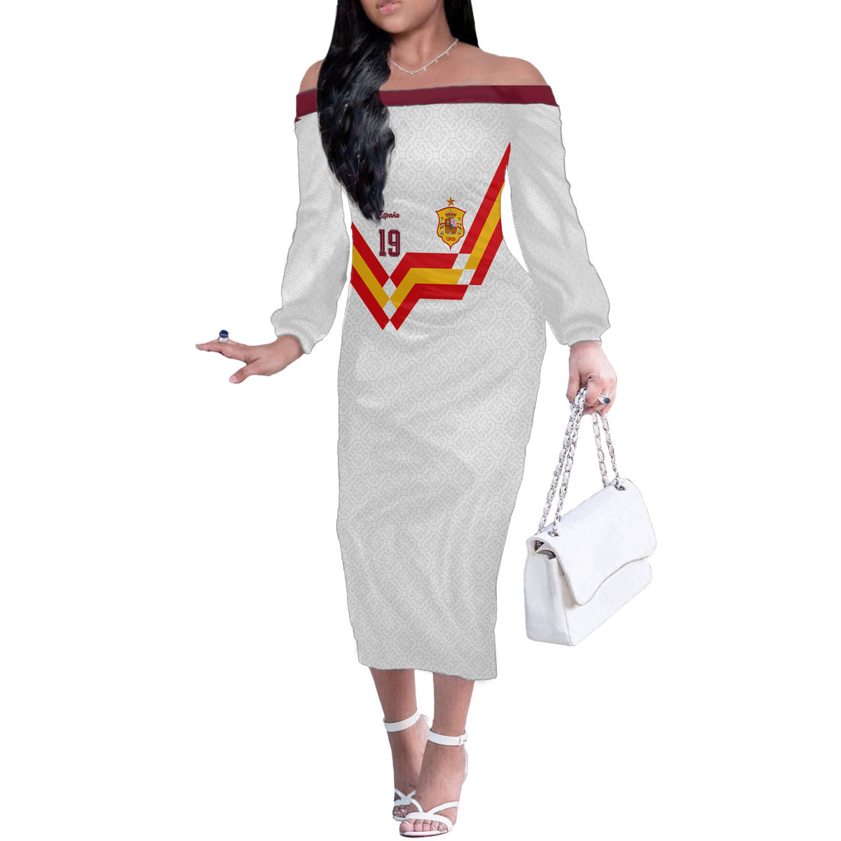Custom Spain National Football Off The Shoulder Long Sleeve Dress Geometric Flag Stripe Pattern Retro Graphic Concept