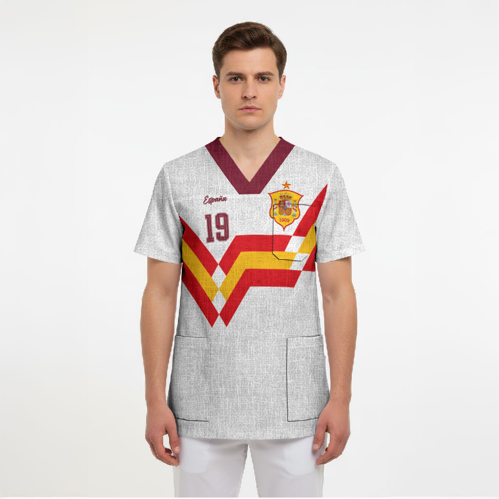 Custom Spain National Football Scrub Top Geometric Flag Stripe Pattern Retro Graphic Concept