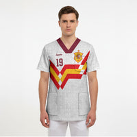 Custom Spain National Football Scrub Top Geometric Flag Stripe Pattern Retro Graphic Concept