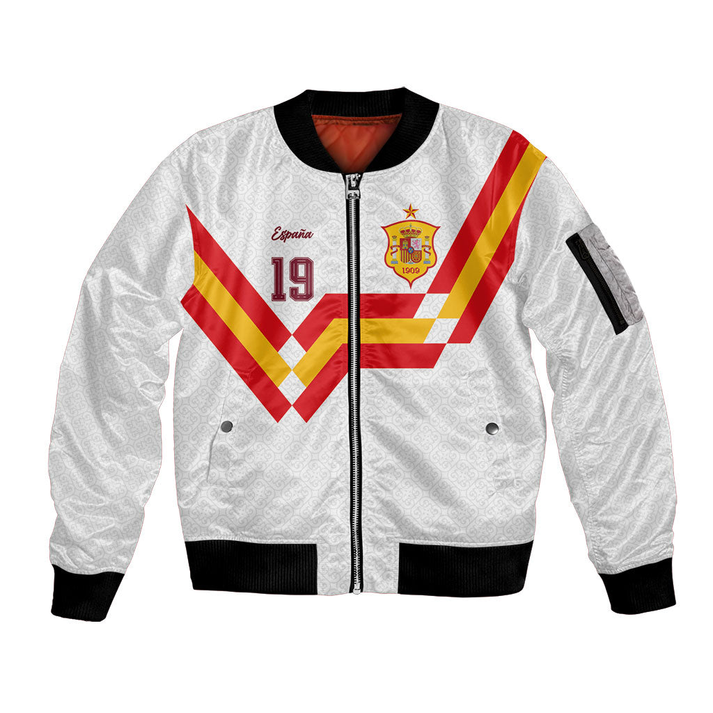 Custom Spain National Football Sleeve Zip Bomber Jacket Geometric Flag Stripe Pattern Retro Graphic Concept