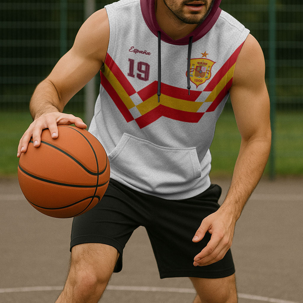 Custom Spain National Football Sleeveless Hoodie Geometric Flag Stripe Pattern Retro Graphic Concept