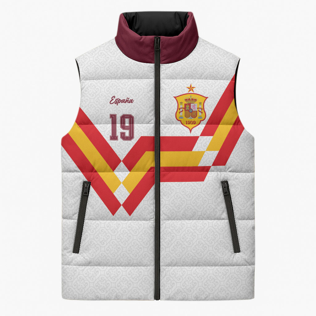 Custom Spain National Football Sleeveless Puffer Jacket Geometric Flag Stripe Pattern Retro Graphic Concept
