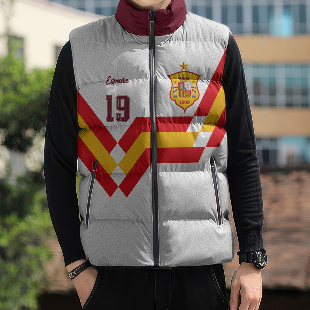 Custom Spain National Football Sleeveless Puffer Jacket Geometric Flag Stripe Pattern Retro Graphic Concept