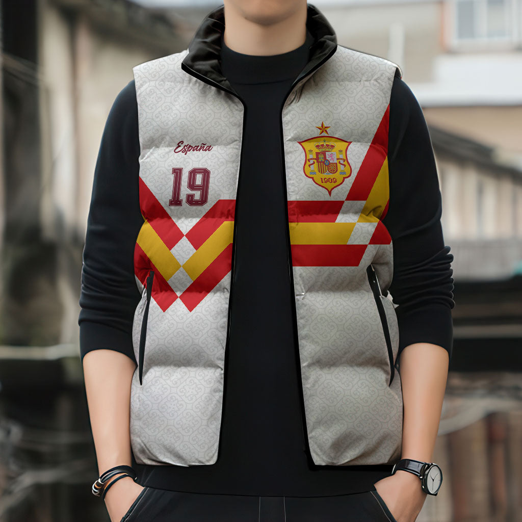 Custom Spain National Football Sleeveless Puffer Jacket Geometric Flag Stripe Pattern Retro Graphic Concept