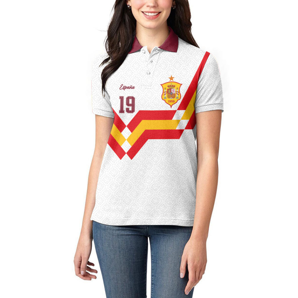 Custom Spain National Football Women Polo Shirt Geometric Flag Stripe Pattern Retro Graphic Concept