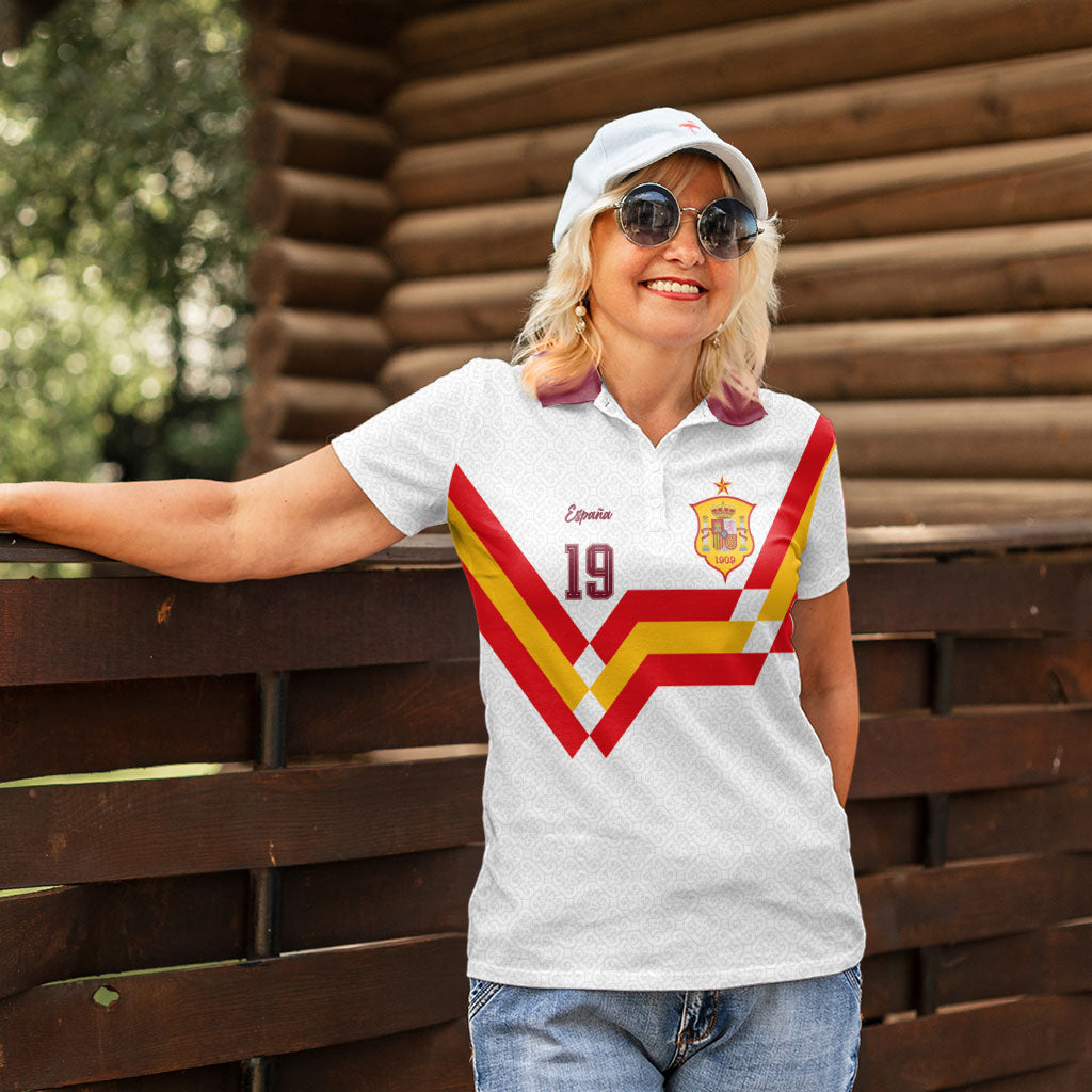 Custom Spain National Football Women Polo Shirt Geometric Flag Stripe Pattern Retro Graphic Concept