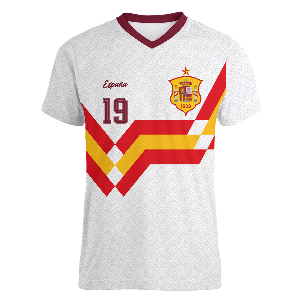 Custom Spain National Football Women V-Neck T-Shirt Geometric Flag Stripe Pattern Retro Graphic Concept