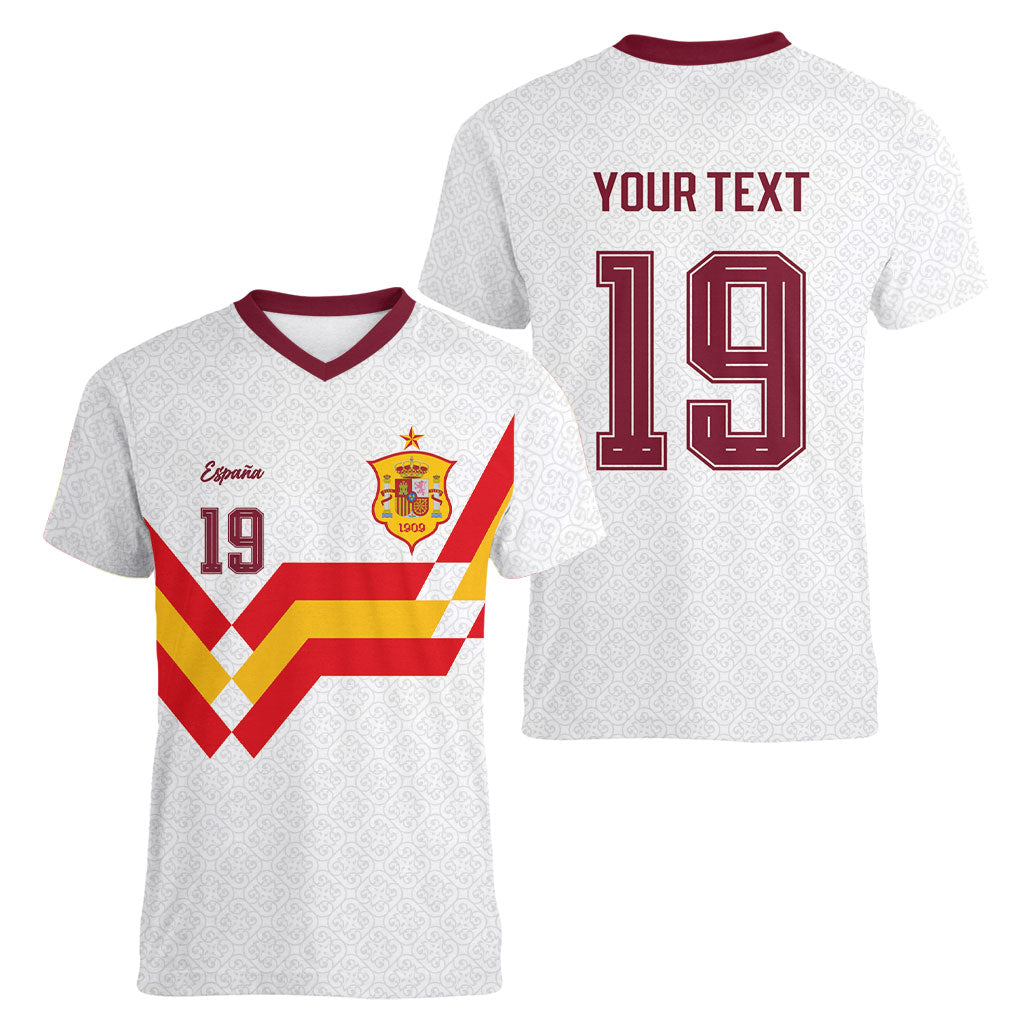 Custom Spain National Football Women V-Neck T-Shirt Geometric Flag Stripe Pattern Retro Graphic Concept