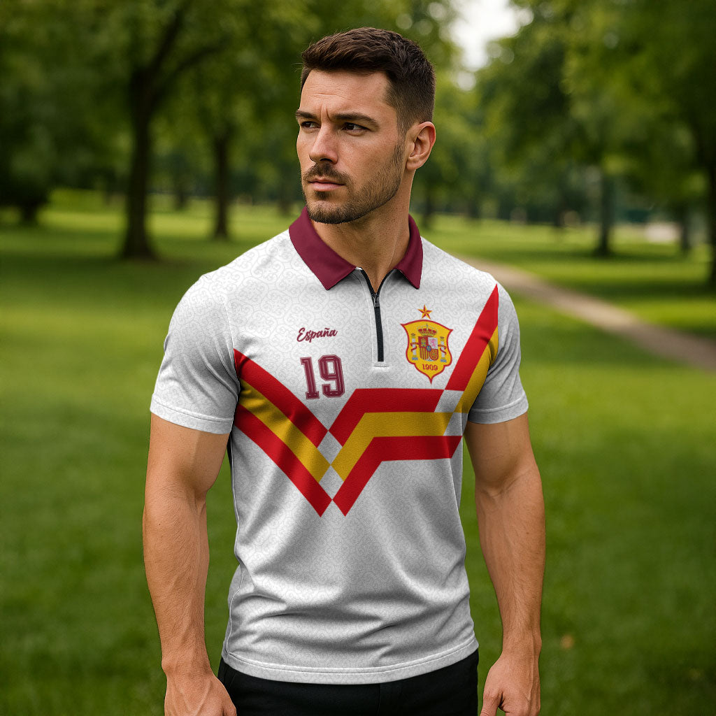 Custom Spain National Football Zipper Polo Shirt Geometric Flag Stripe Pattern Retro Graphic Concept