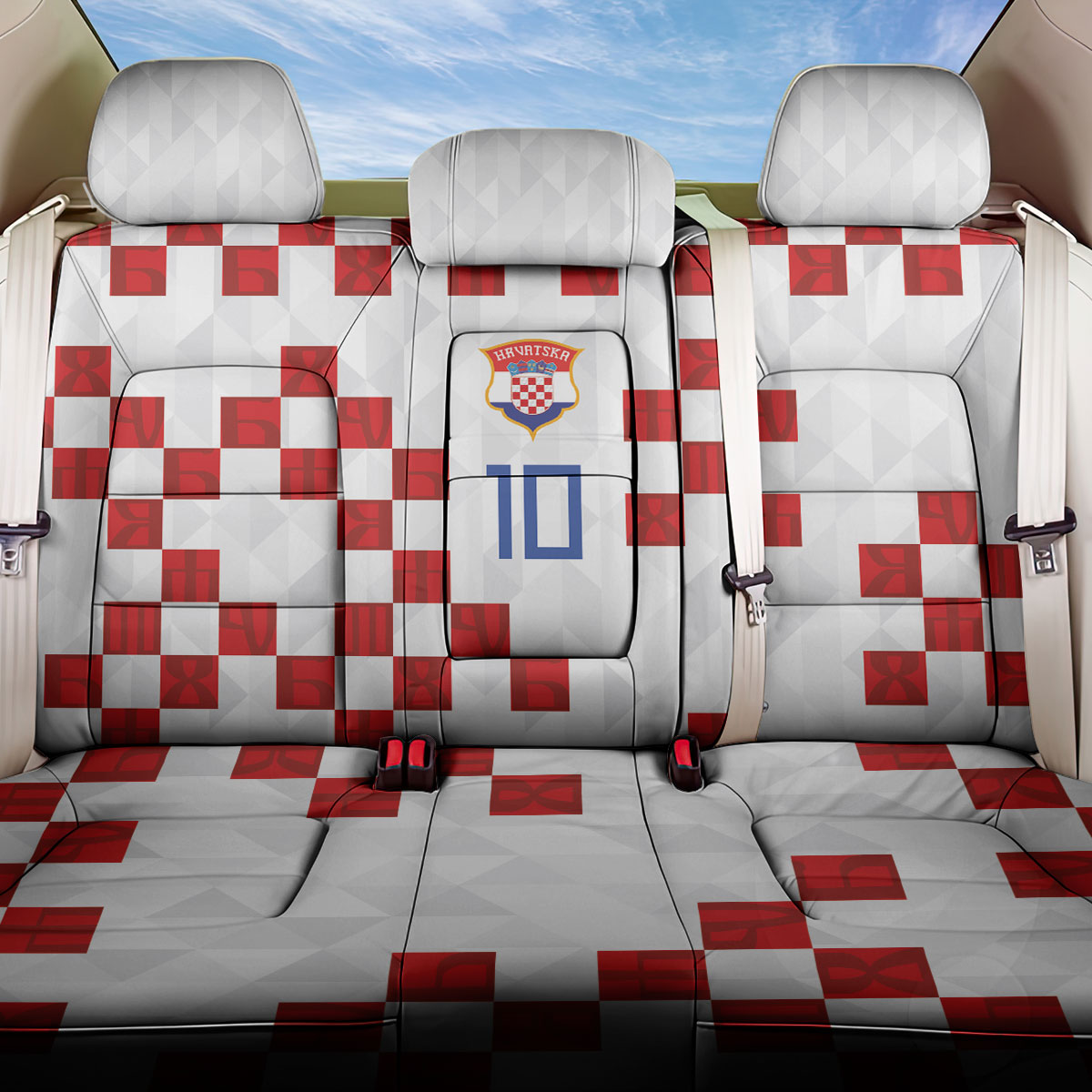 Custom Croatia National Football Back Car Seat Cover Red Checkerboard Glagolitic Script Geometric Pattern Art
