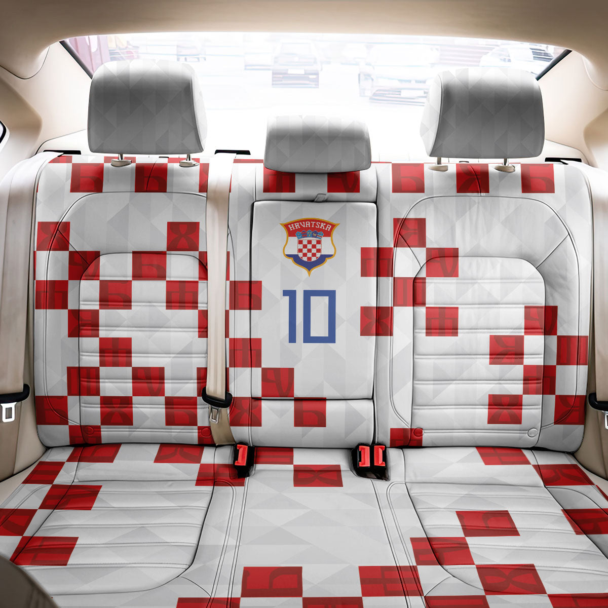 Custom Croatia National Football Back Car Seat Cover Red Checkerboard Glagolitic Script Geometric Pattern Art