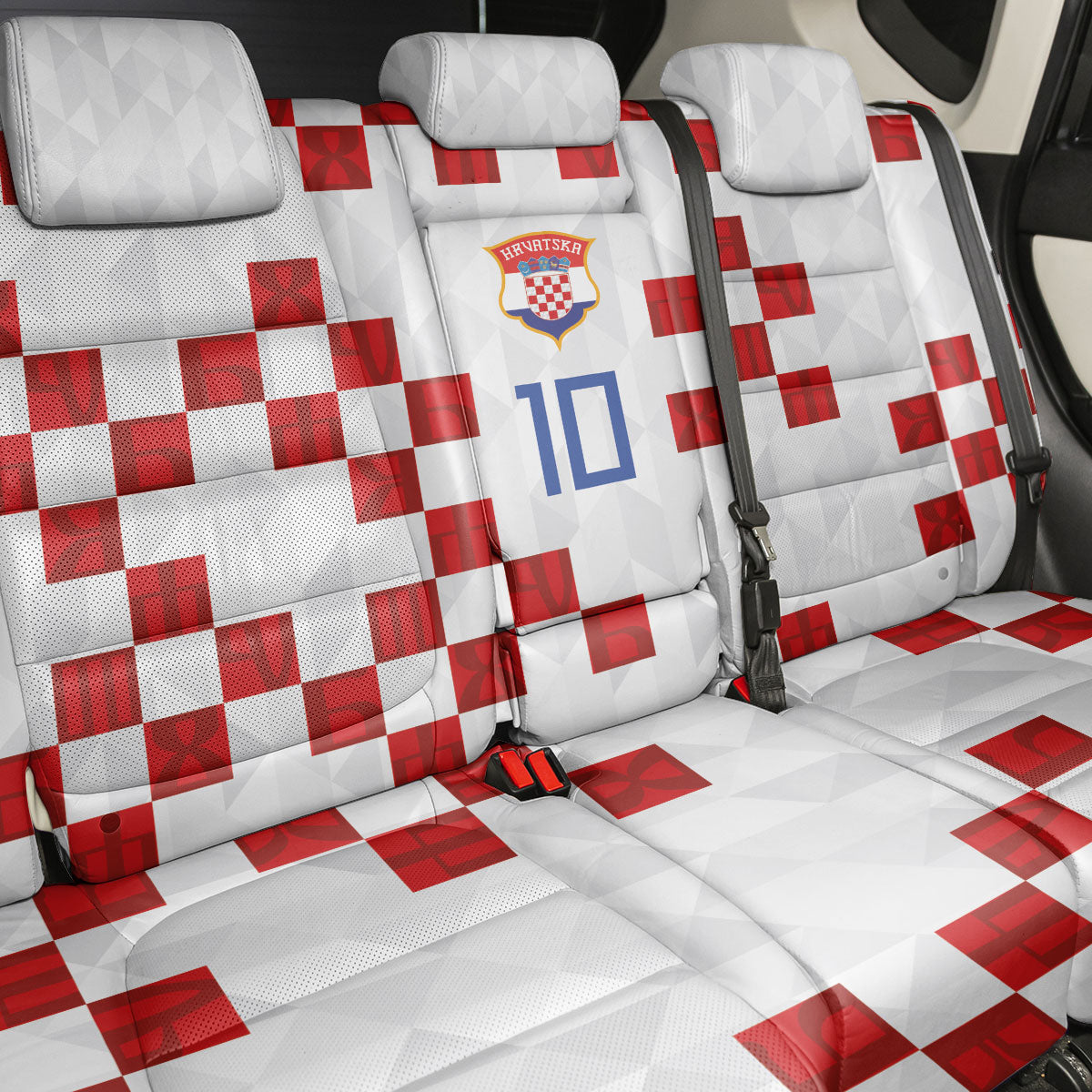 Custom Croatia National Football Back Car Seat Cover Red Checkerboard Glagolitic Script Geometric Pattern Art