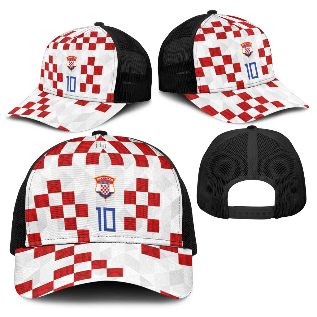 Custom Croatia National Football Baseball Net Cap Red Checkerboard Glagolitic Script Geometric Pattern Art