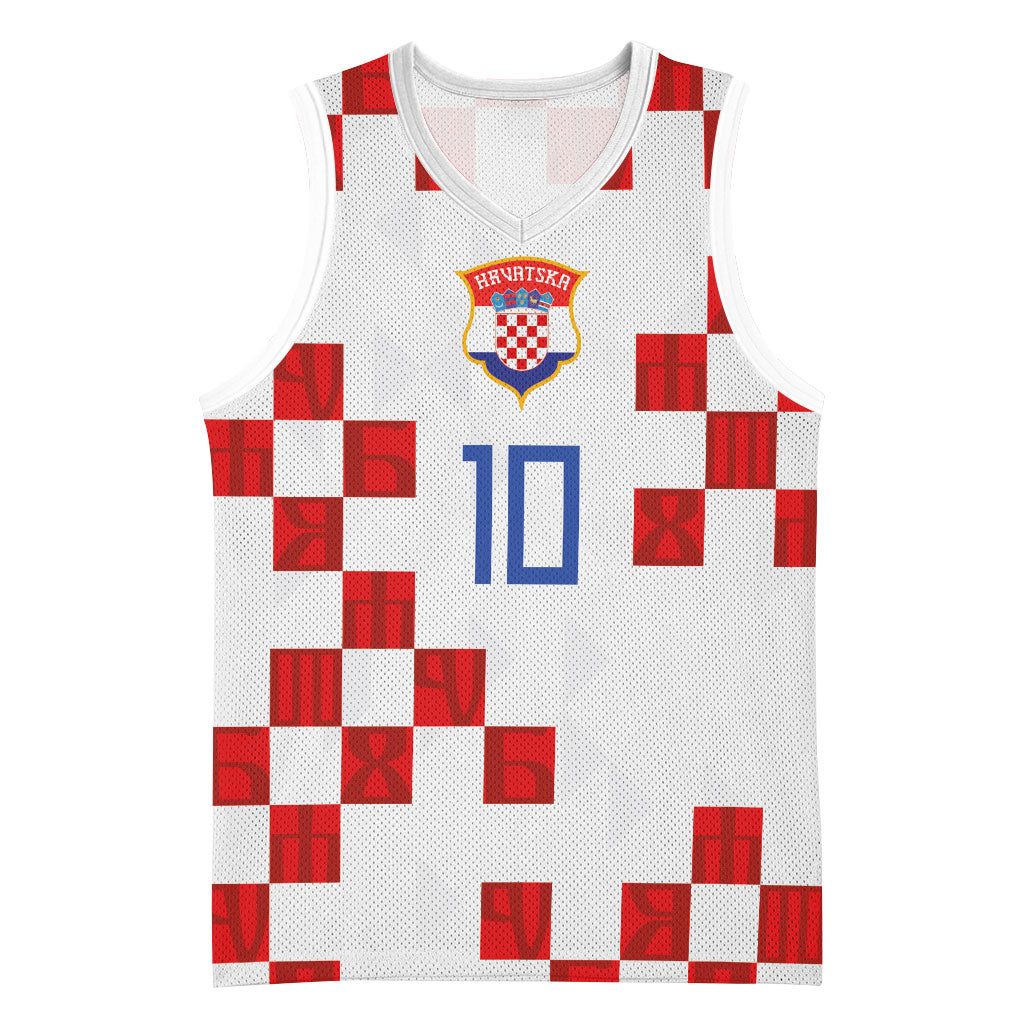 Custom Croatia National Football Basketball Jersey Red Checkerboard Glagolitic Script Geometric Pattern Art