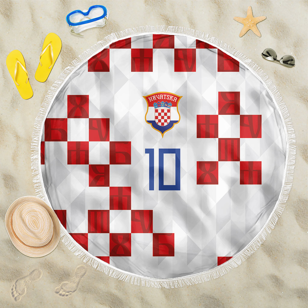 Custom Croatia National Football Beach Blanket Red Checkerboard Glagolitic Script Geometric Pattern Art
