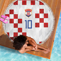 Custom Croatia National Football Beach Blanket Red Checkerboard Glagolitic Script Geometric Pattern Art