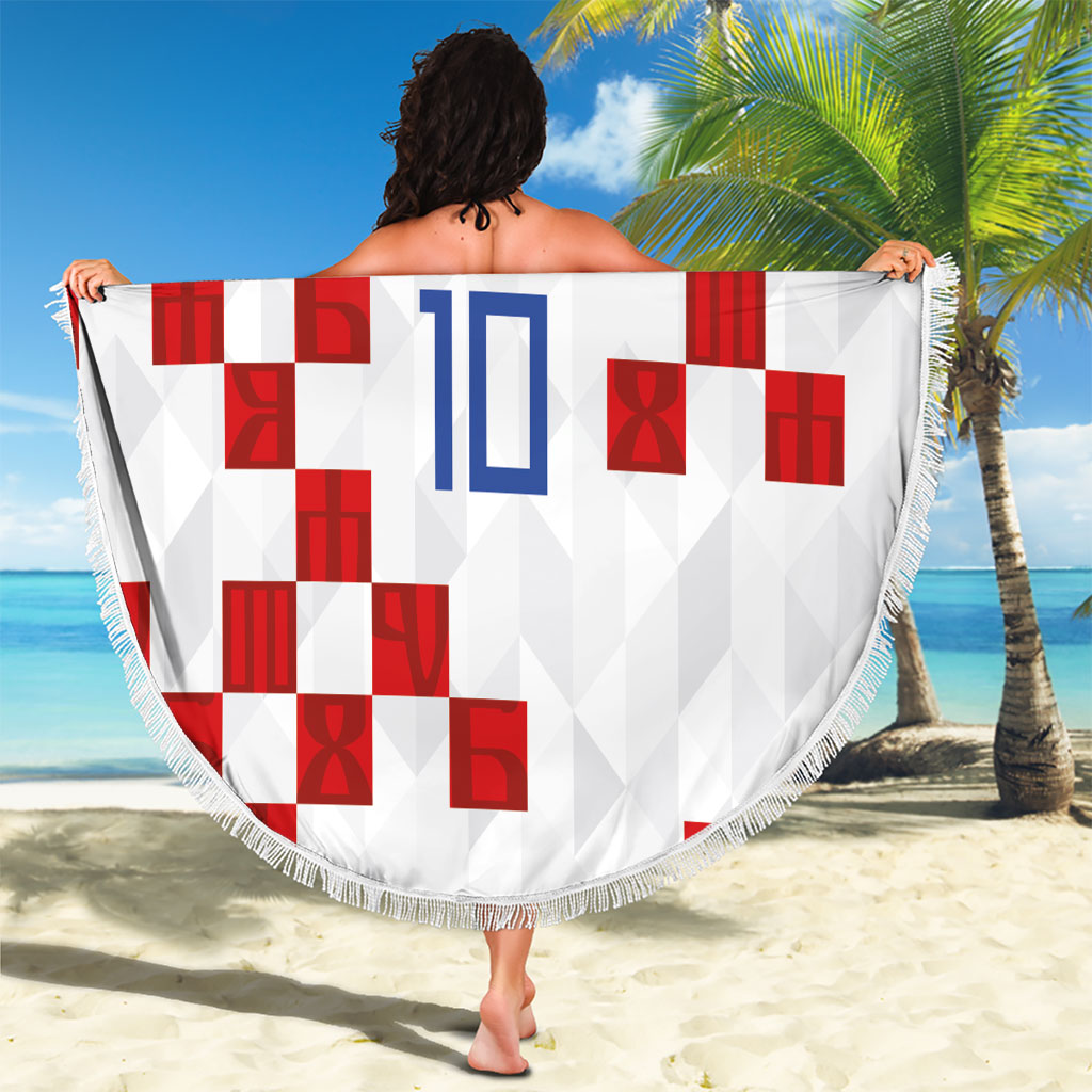 Custom Croatia National Football Beach Blanket Red Checkerboard Glagolitic Script Geometric Pattern Art