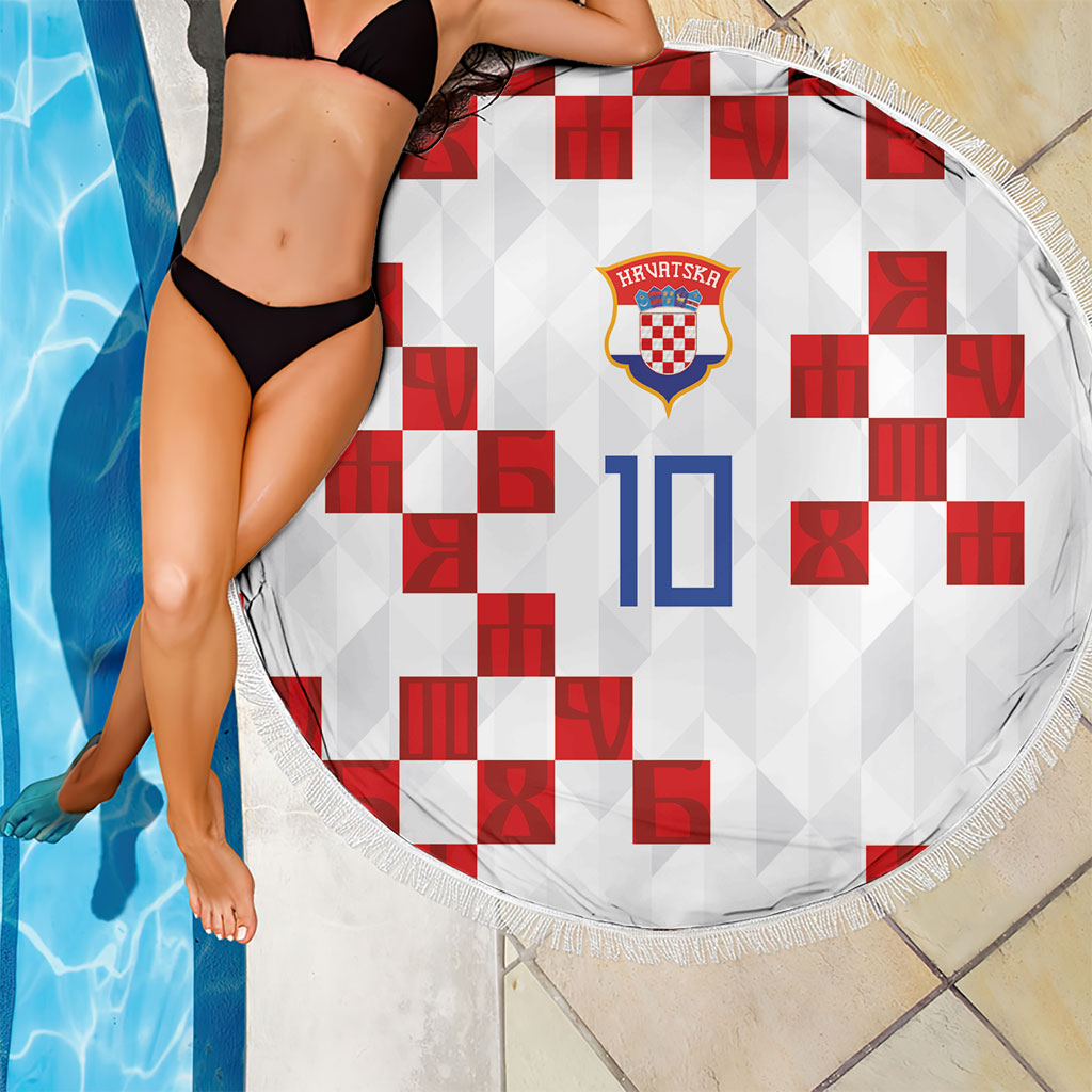 Custom Croatia National Football Beach Blanket Red Checkerboard Glagolitic Script Geometric Pattern Art