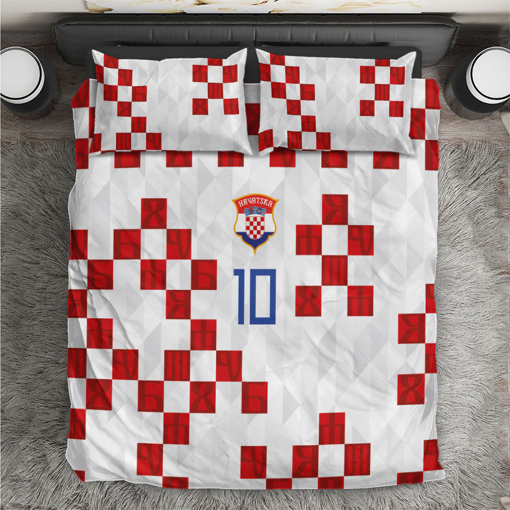 Custom Croatia National Football Bedding Set Red Checkerboard Glagolitic Script Geometric Pattern Art