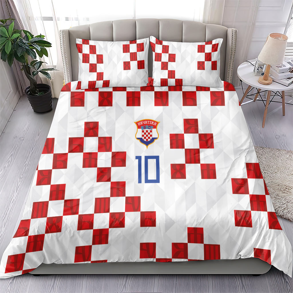 Custom Croatia National Football Bedding Set Red Checkerboard Glagolitic Script Geometric Pattern Art