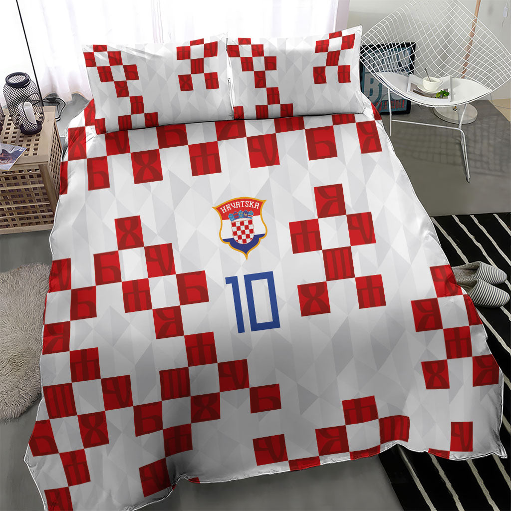 Custom Croatia National Football Bedding Set Red Checkerboard Glagolitic Script Geometric Pattern Art