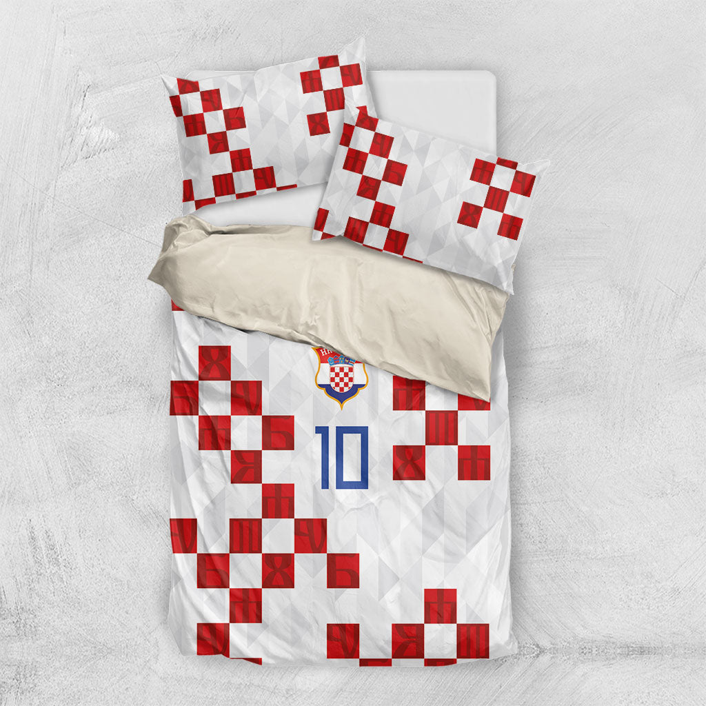 Custom Croatia National Football Bedding Set Red Checkerboard Glagolitic Script Geometric Pattern Art