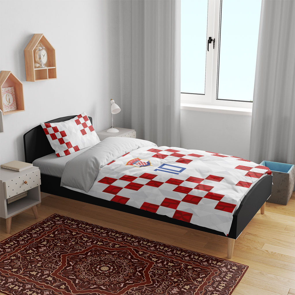 Custom Croatia National Football Bedding Set Red Checkerboard Glagolitic Script Geometric Pattern Art