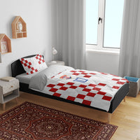 Custom Croatia National Football Bedding Set Red Checkerboard Glagolitic Script Geometric Pattern Art