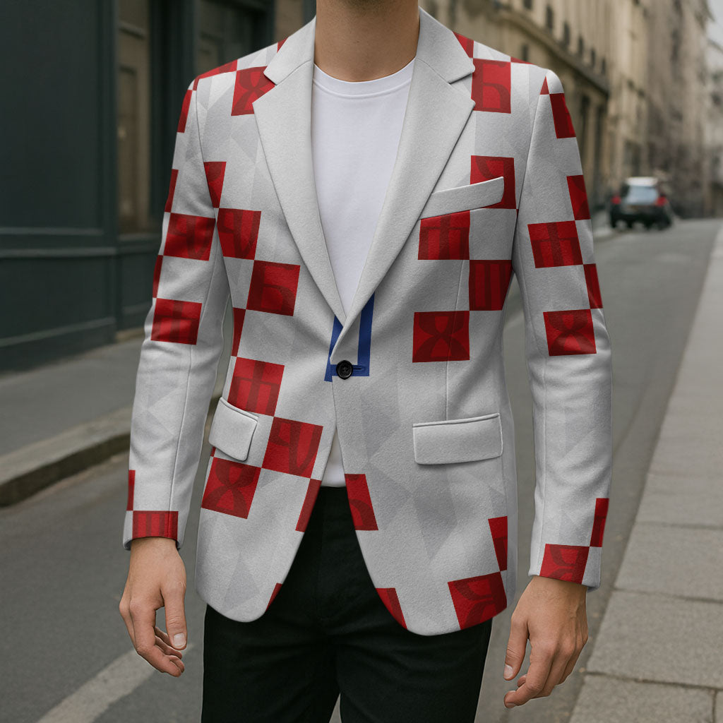 Custom Croatia National Football Blazer Red Checkerboard Glagolitic Script Geometric Pattern Art