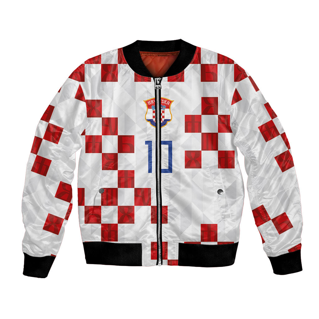 Custom Croatia National Football Bomber Jacket Red Checkerboard Glagolitic Script Geometric Pattern Art