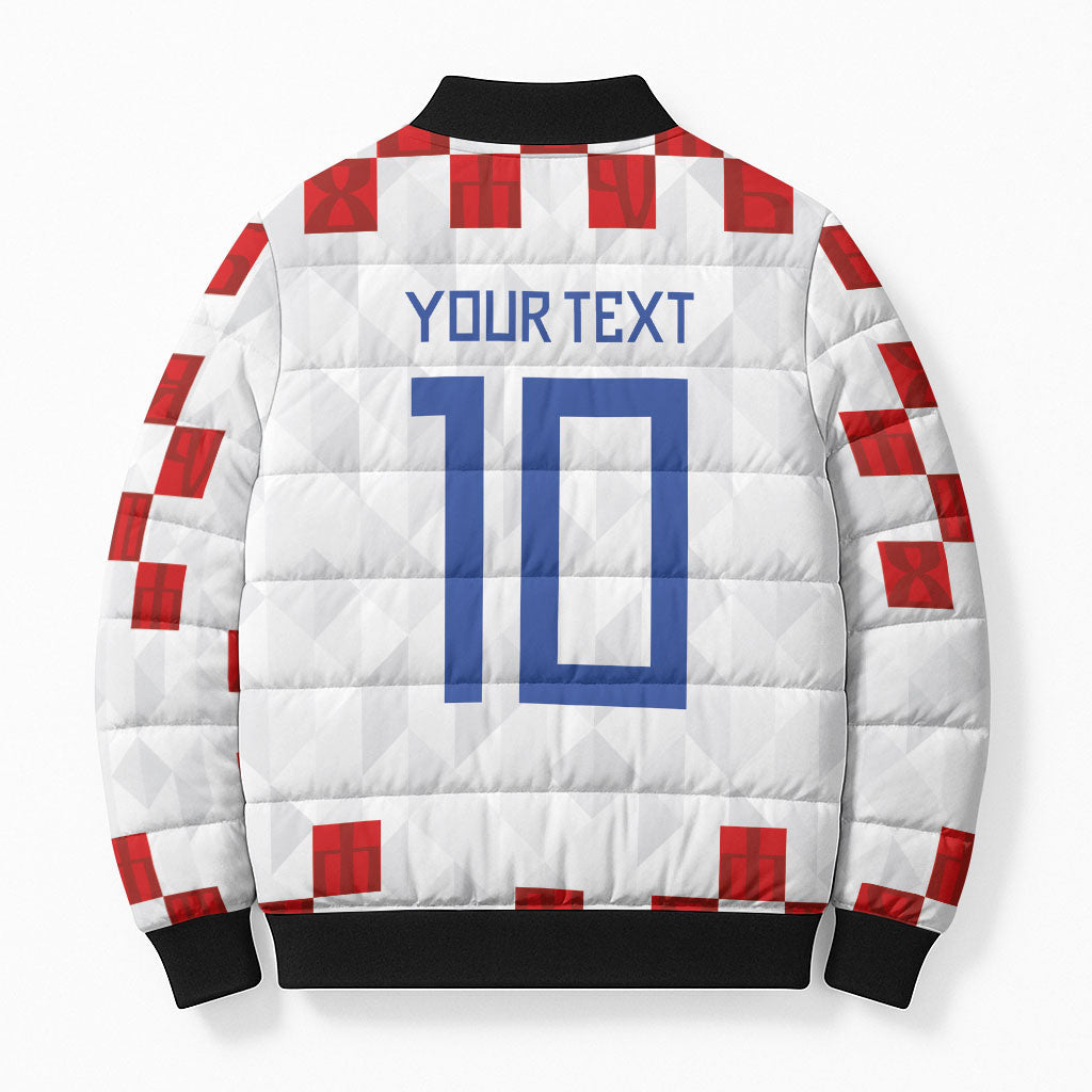 Custom Croatia National Football Bomber Puffer Jacket Red Checkerboard Glagolitic Script Geometric Pattern Art