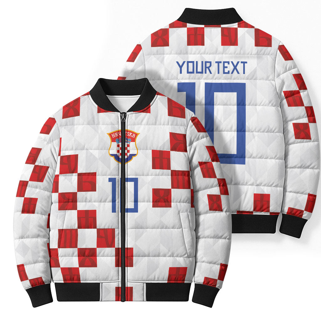 Custom Croatia National Football Bomber Puffer Jacket Red Checkerboard Glagolitic Script Geometric Pattern Art