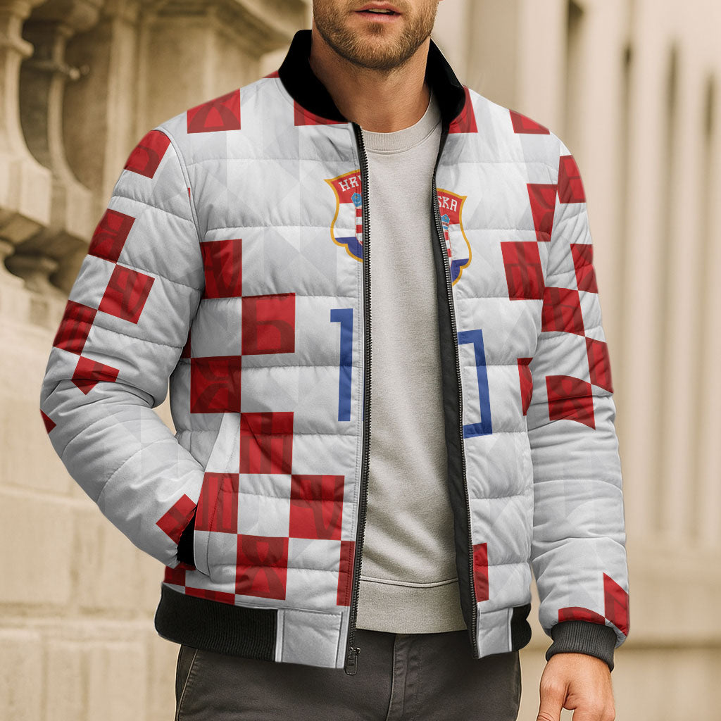 Custom Croatia National Football Bomber Puffer Jacket Red Checkerboard Glagolitic Script Geometric Pattern Art