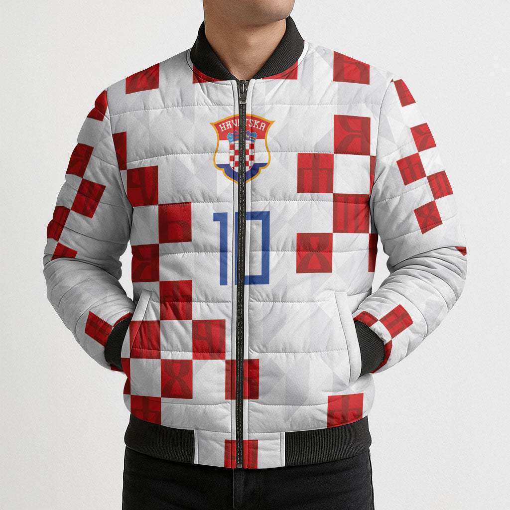 Custom Croatia National Football Bomber Puffer Jacket Red Checkerboard Glagolitic Script Geometric Pattern Art